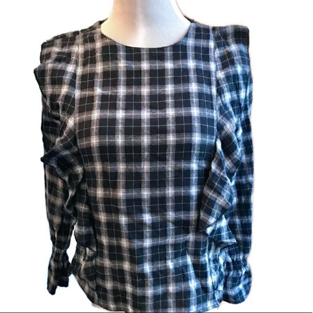 New! Love Notes Plaid Ruffle Long Sleeve Shirt Sz S